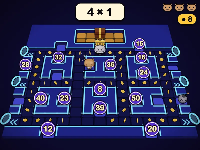 Maze Munch: Samla hela tabellen i ordning i en labyrint, medan ett monster går runt.