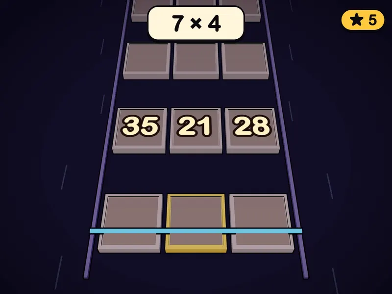 Tile Rush: Tryck på rätt platta innan raden når linjen. Tempot ökar för varje rätt svar och första felet avslutar. Rekord sparas per tabell.