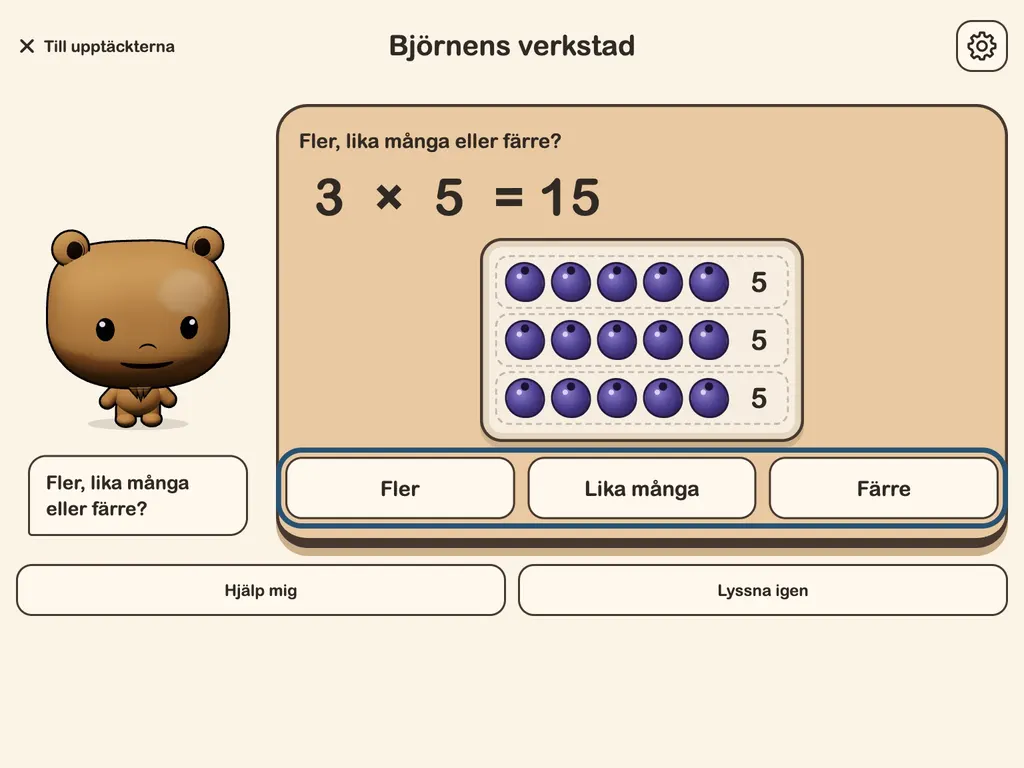 Upptäckten Vänd på det: en bricka med tre rader om fem vänds, och 3 × 5 blir 5 × 3.